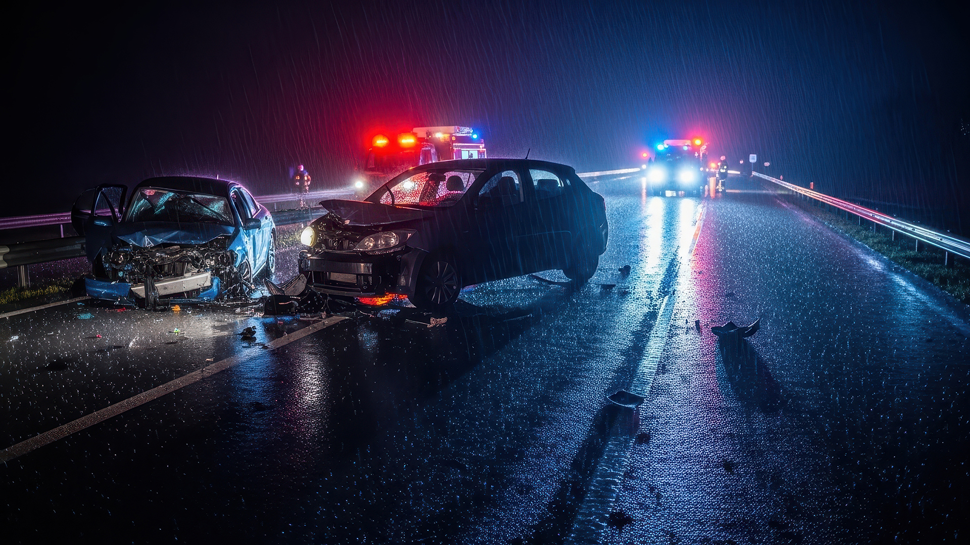 Car crash at night in rain